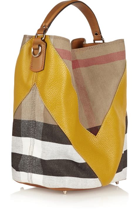 burberry mini textured-leather and checked twill tote|burberry leather brown tote bag.